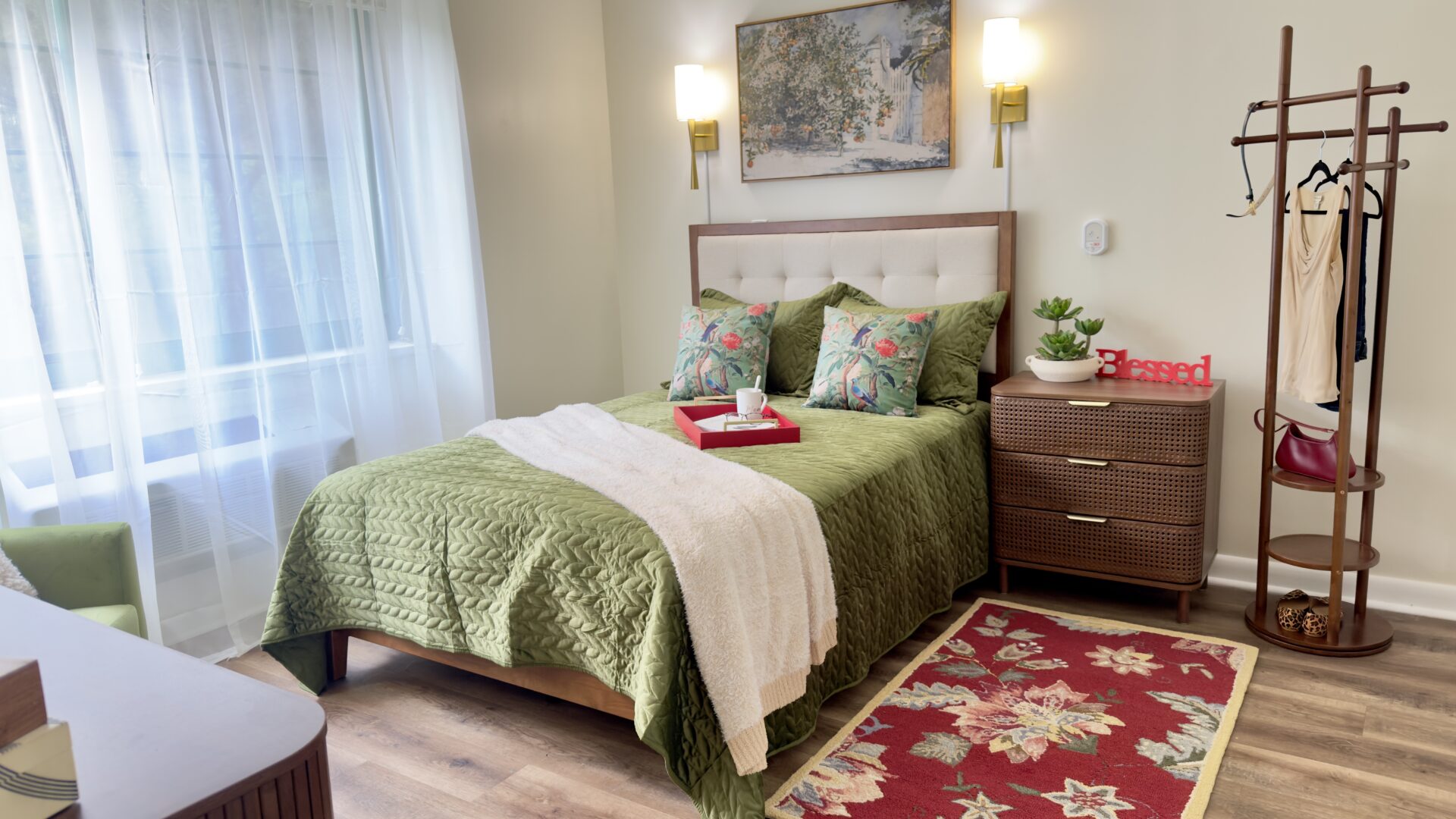 Image (5) bedroom with matching furnature and green accents